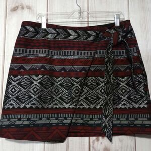 Womens 14 Mock Wrap Skirt Maroon Black Geometric Print Party Casual Cute